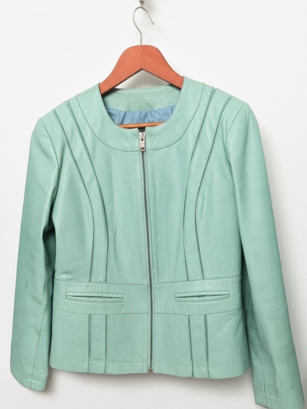 Bernando Metallic Mint Green Genuine Leather Jacket Y2K zip up size L